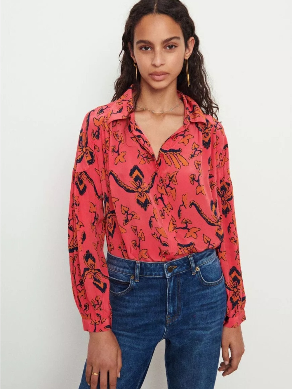 ba&sh Coral-Pink Floral Button-Front Blouse